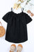 Black top with short sleeves and bare shoulders with hook neckline