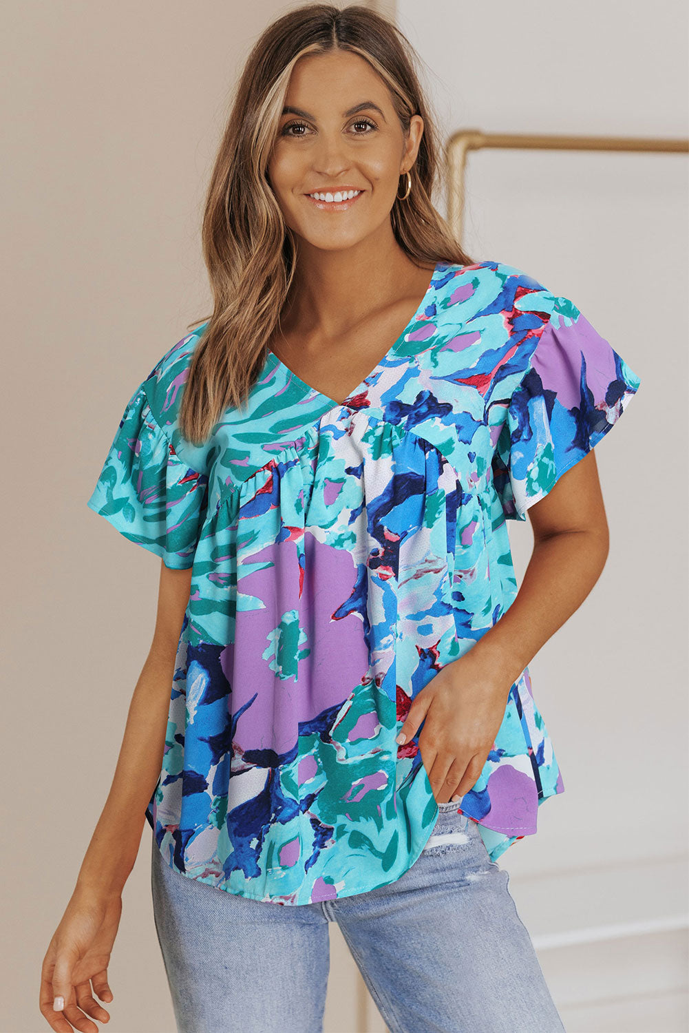 Sky Blue Abstract Print V Neck Flutter manga Blusa