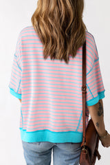 T-shirt up and down with pink stripes, oversized, contrasting border, exposed seams
