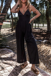 Black Wide Leg Camisole Jumpsuit Sexy High Waist V Neck