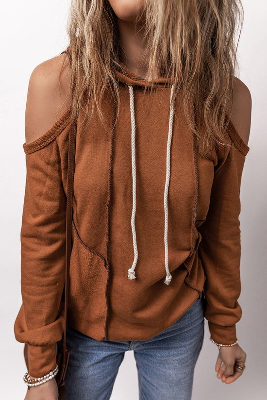 Cinnamon Exposed Seam Drawstring Off-Shoulder Hoodie