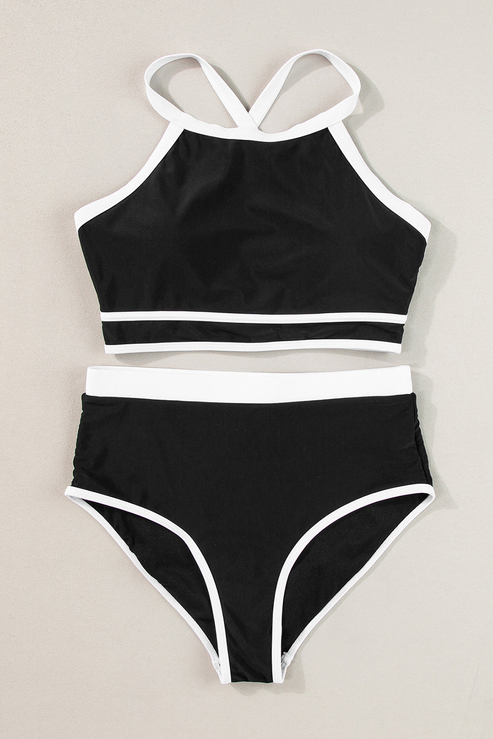 Black Contrast Trim Crisscross Back Bikini a vita alta