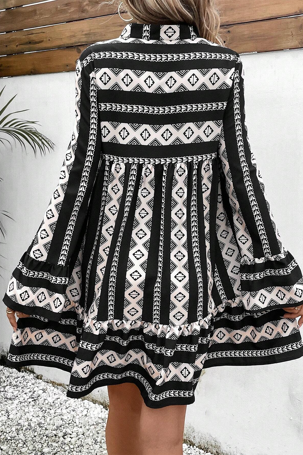 Black Boho Geométrico impreso estampado Mini Mini Vestido