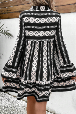 Mini-robe évasée à manches longues et imprimé géométrique Boho noir