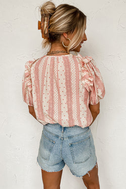 Red blouse with ruffles and short puffy with mixed print