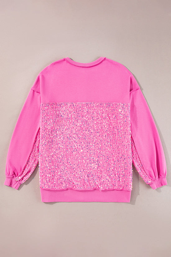 Henley sweatshirt with high and low hem in patchwork of candy sequins