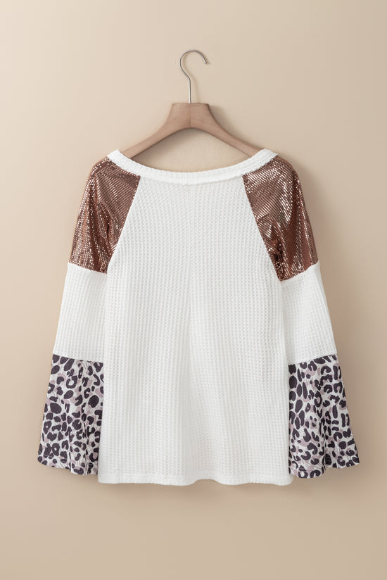 White Bell Sleeve V-Neck Sequin Patchwork Tunic Top