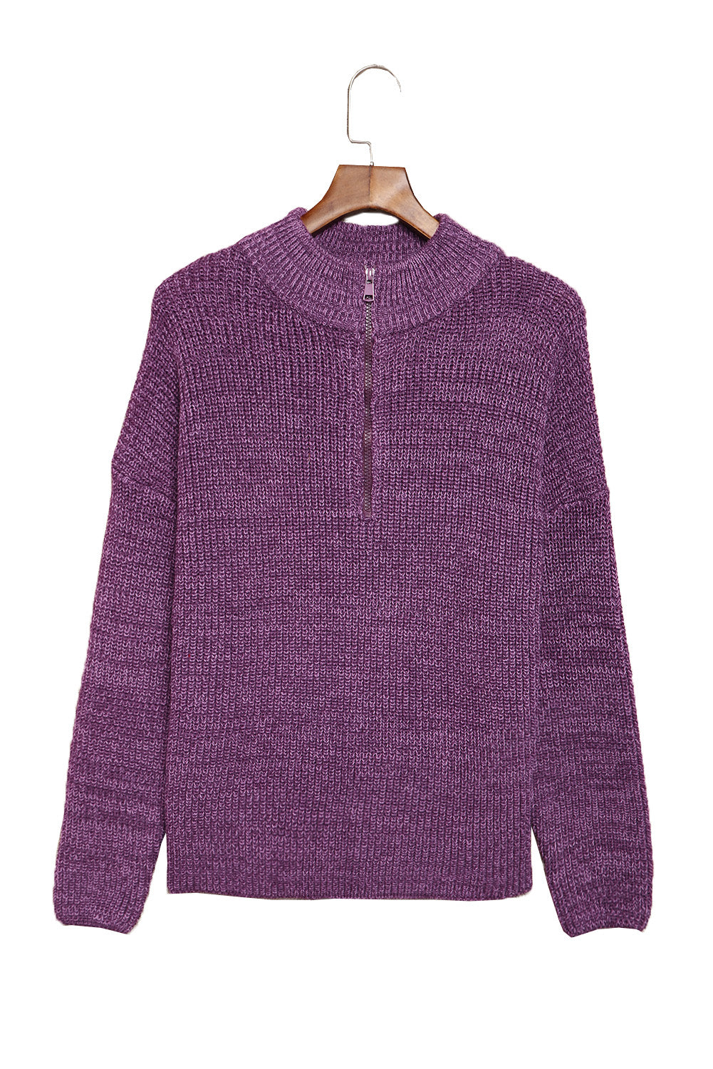 Purple Zipped Turtleneck Drop Shoulder Knit Sweater