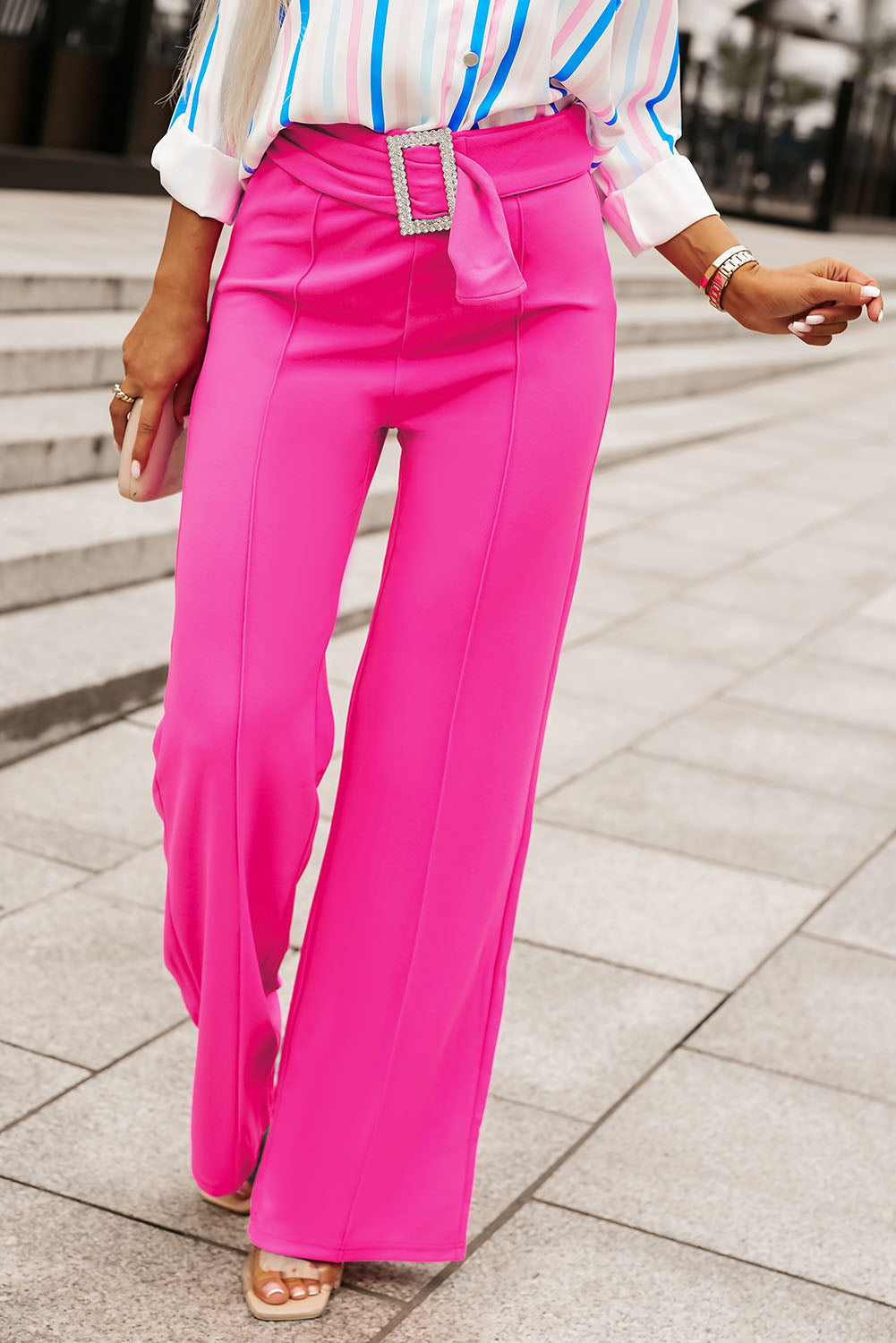 Rose Rhinestone Buckle Sash Wide Leg Pants