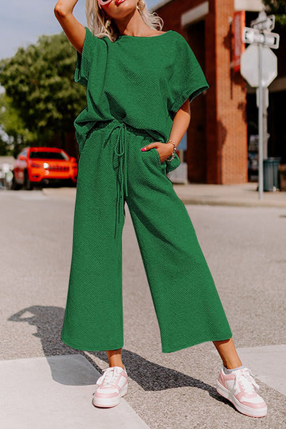 Dark Green Textured Loose Fit T-Shirt and Drawstring Pants Set