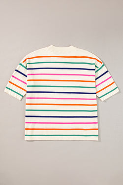 High knitted with short sleeves with beige stripes, square cut