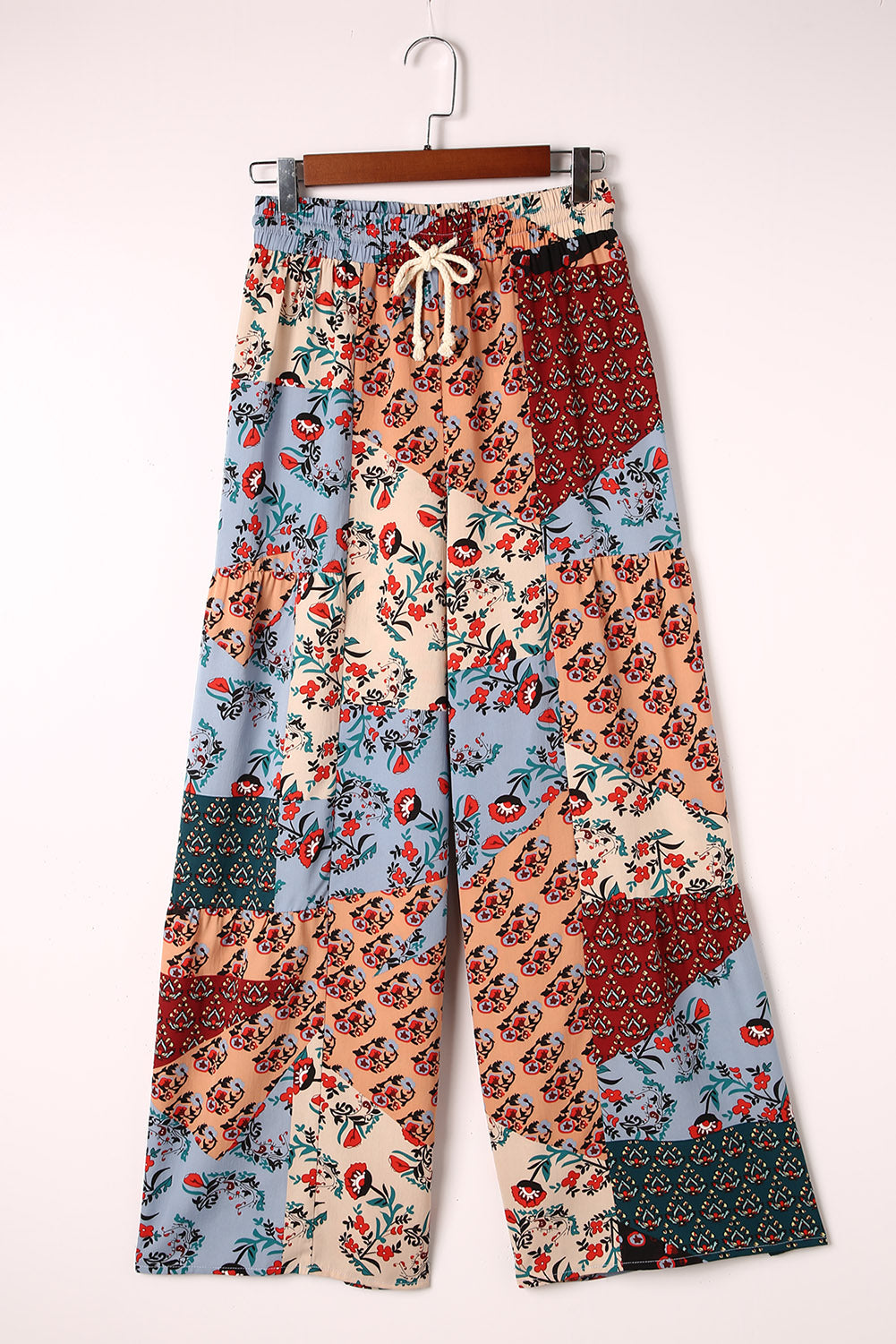 Multicolor Boho Patchwork Print Drawstring Wide Leg Pants