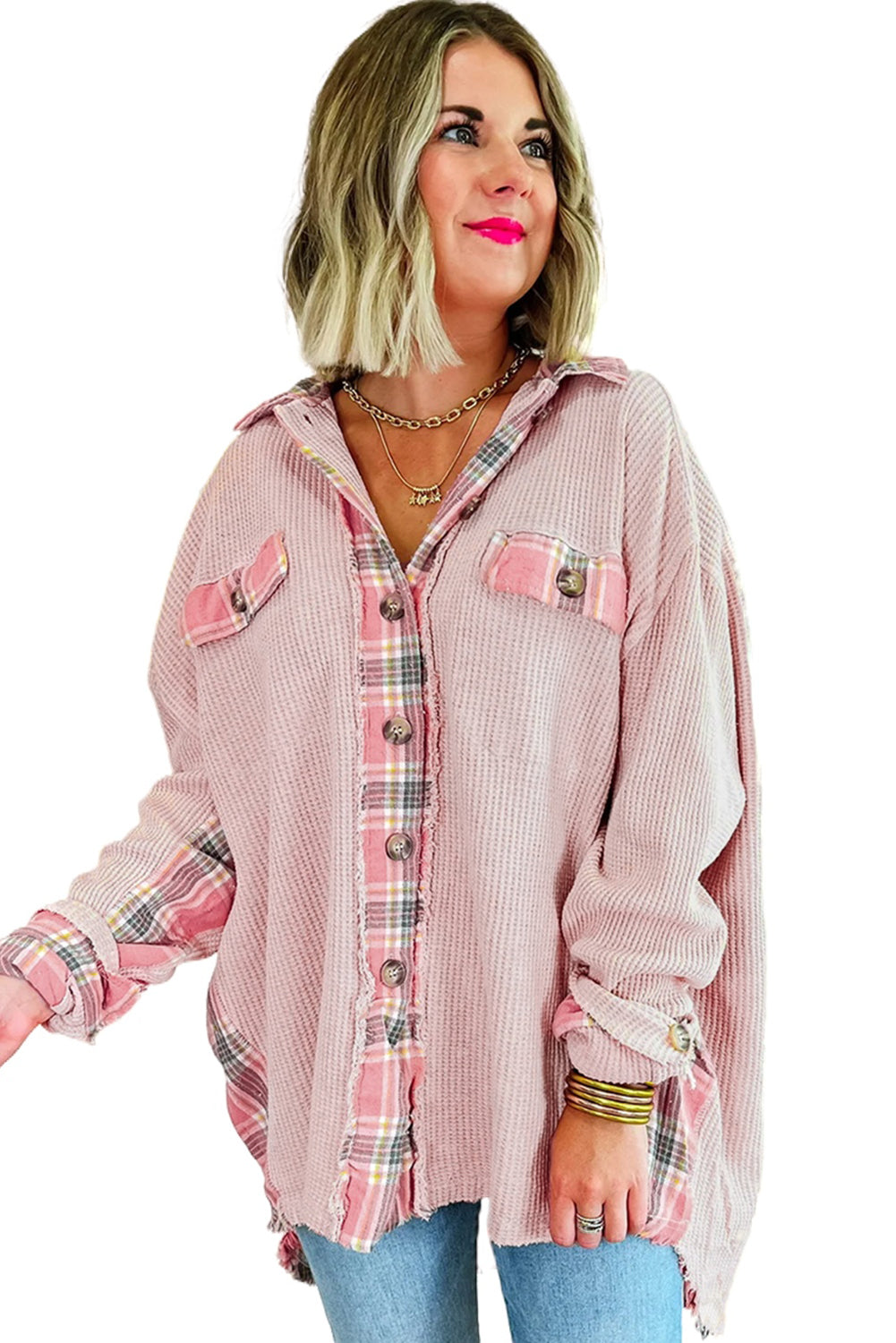 Chaqueta extragrande de punto tipo gofre asimétrico con borde sin rematar a cuadros rosa albaricoque