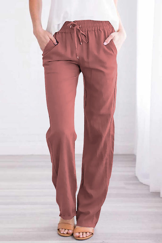 Pantalon avec cordon de serrage et poches élastiques à la taille, longues jambes droites rose