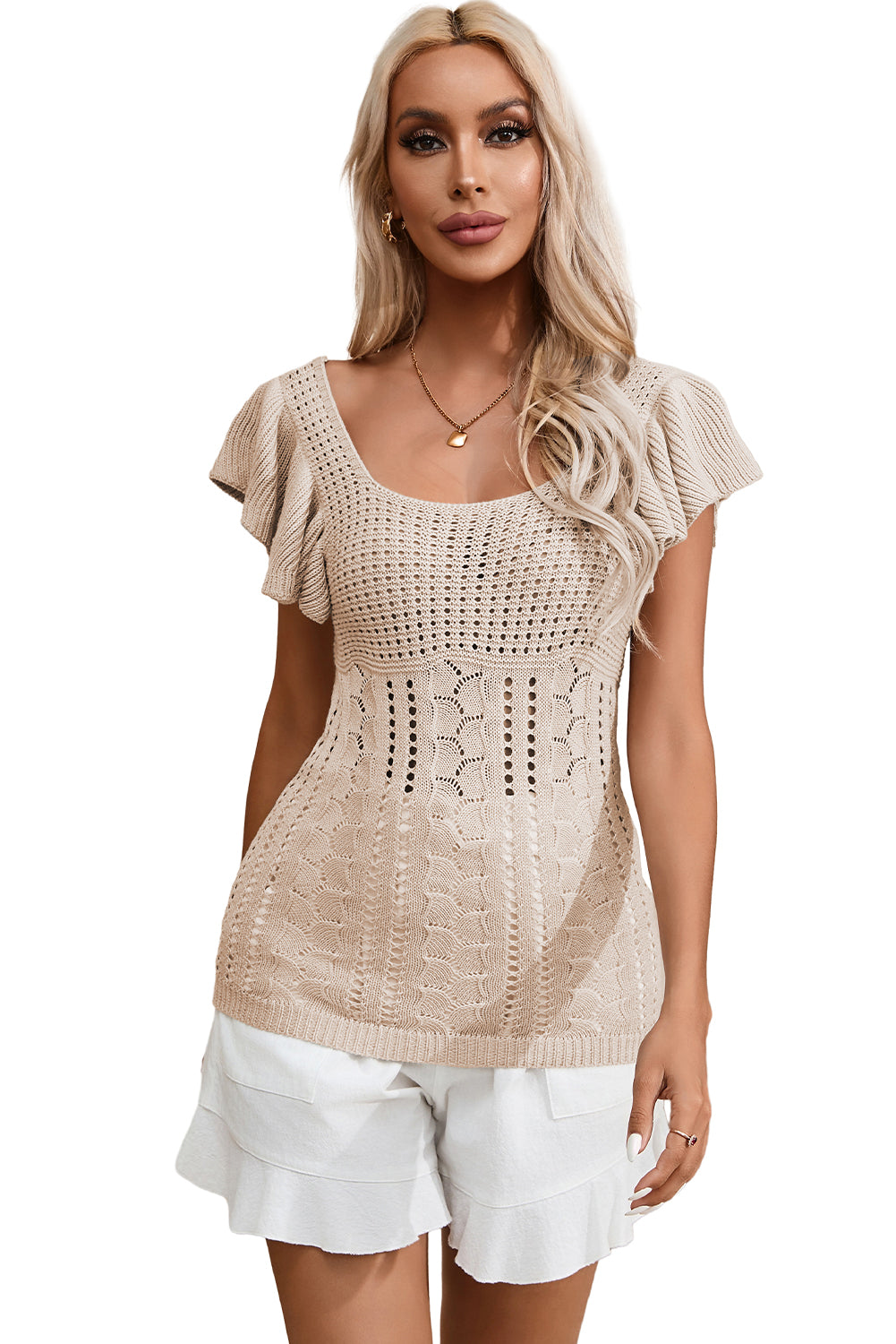 Beige Pointelle Strick -Flatternärmelpullover