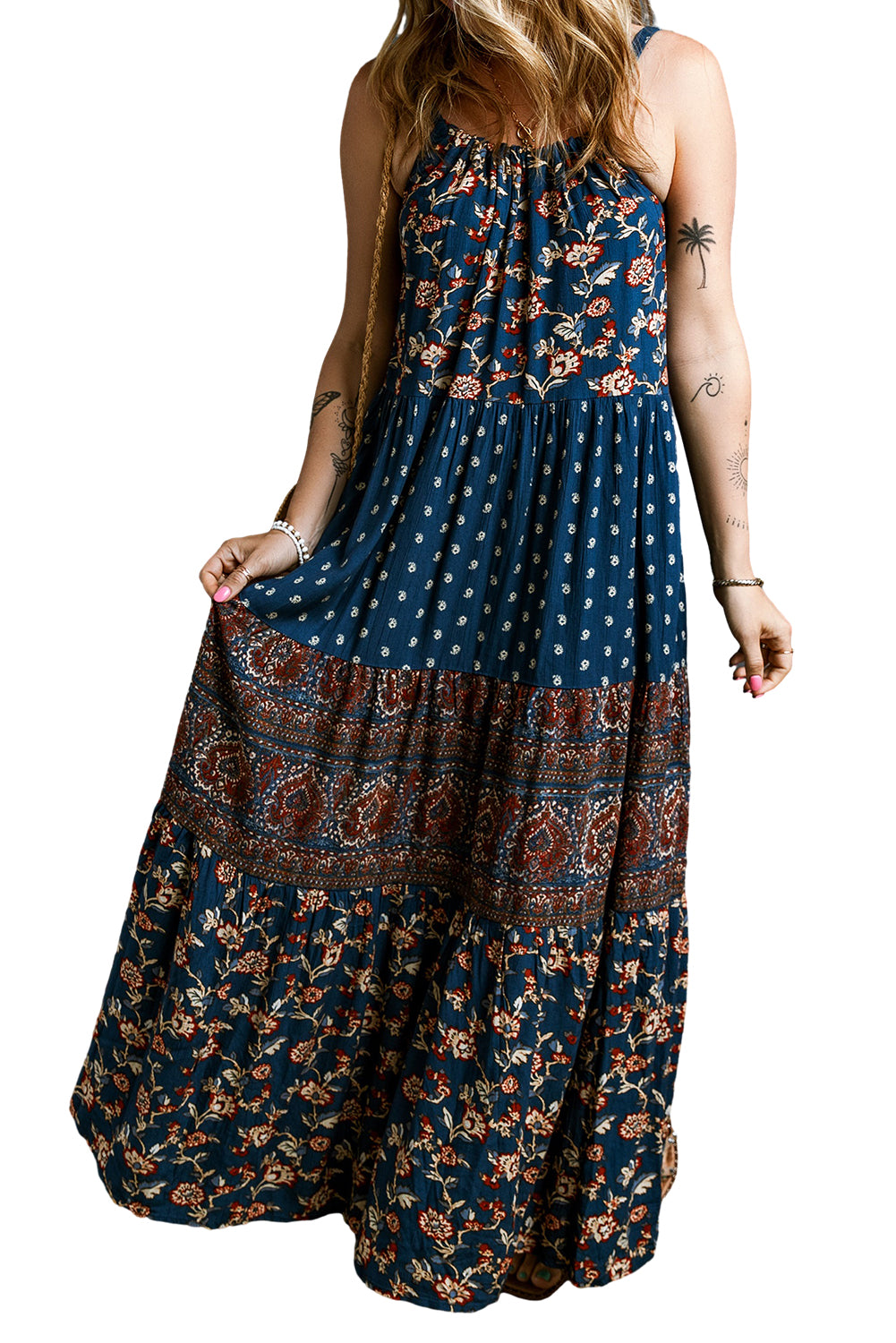 Blue Boho Floral Splicing Sleeveless Dress