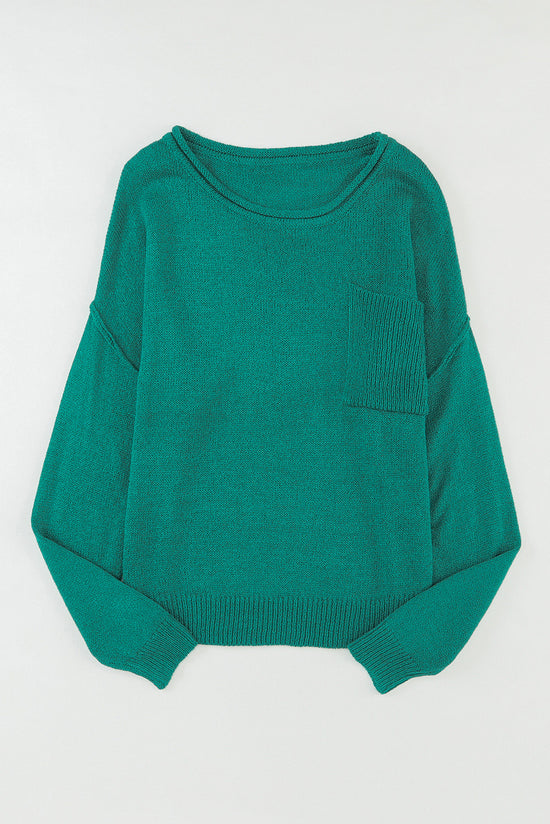 Green Solid Color Off Shoulder Ribbed Knit Sweater with Pocket