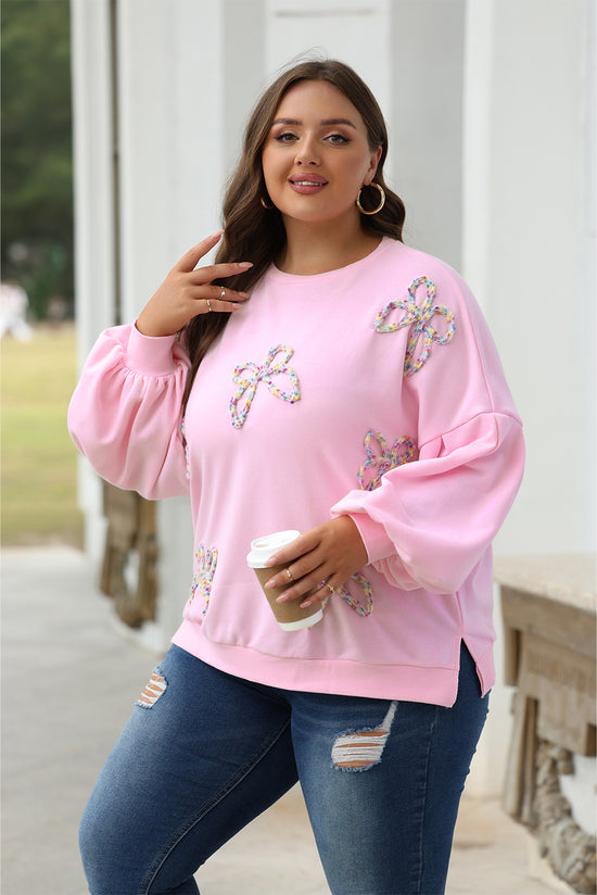 Light Pink Embroidered Bow Lantern Sleeve Oversized Sweatshirt