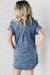 Mineral washed -out blue denim dress with reverse sleeves and effiloche hem