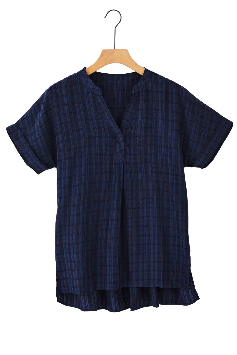 Navy Plaid Print Lose V Neck Kurzarmhemd mit Schlitzen