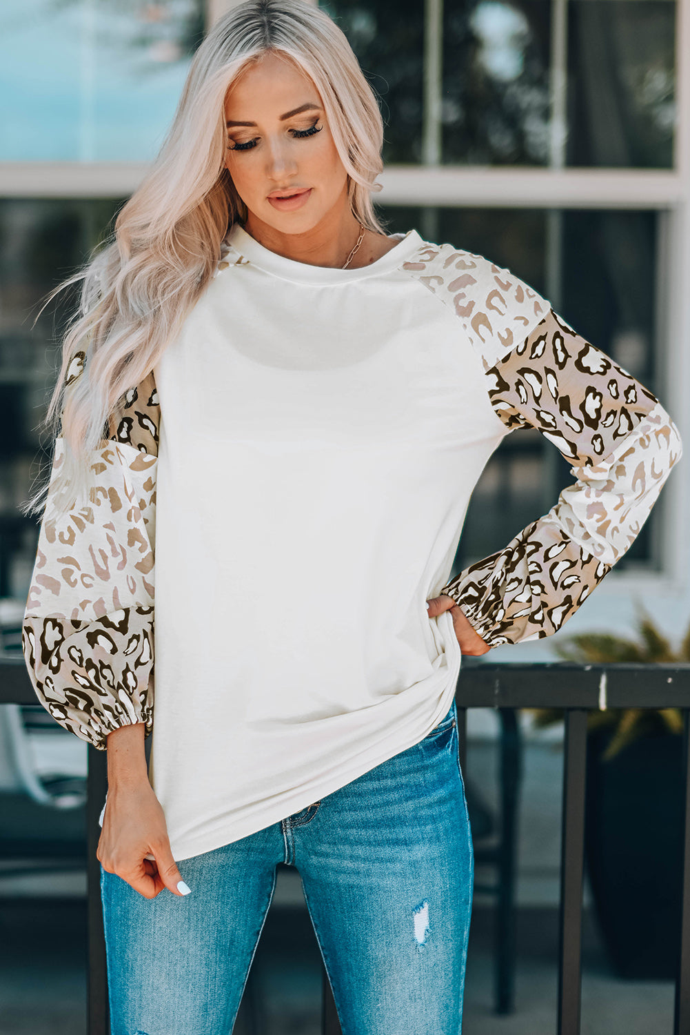 Beige Leopard Print Bubble Sleeve Top