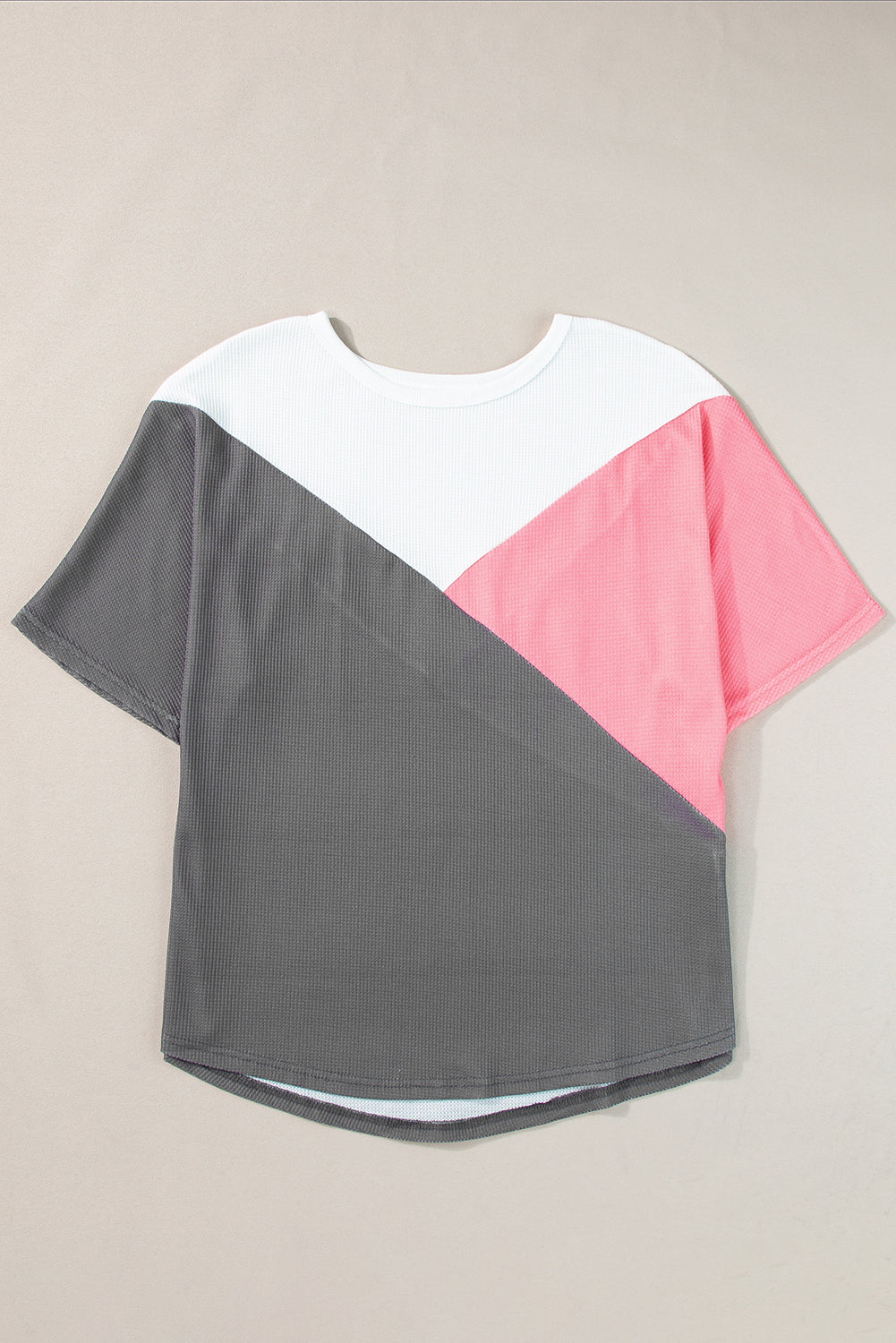 T-shirt à manches mi-longues en tricot gaufré color block rose fraise