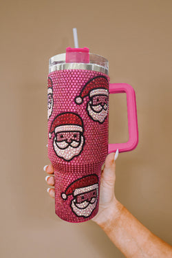 Tasse Thermos Diamant Rose Rouge Noël Père Noël avec Paille 40oz