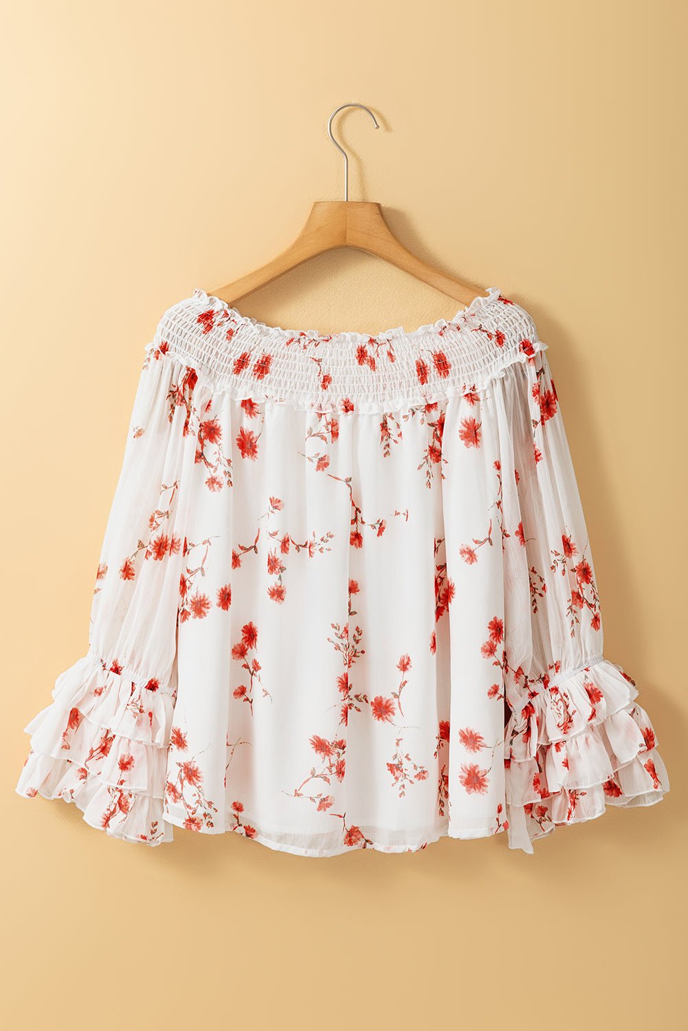 Estampado floral blanco shired fuera de hombro blusa de manga volante