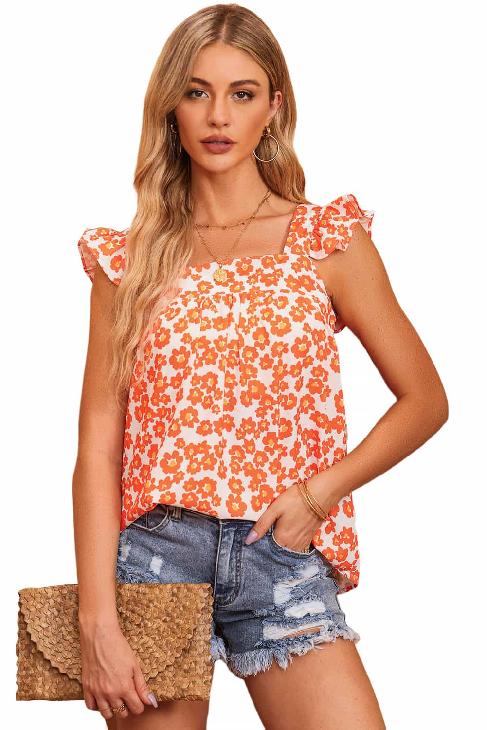 Orangefarbenes Blumendruck quadratischer Nacken Rüschen Tanktop Top