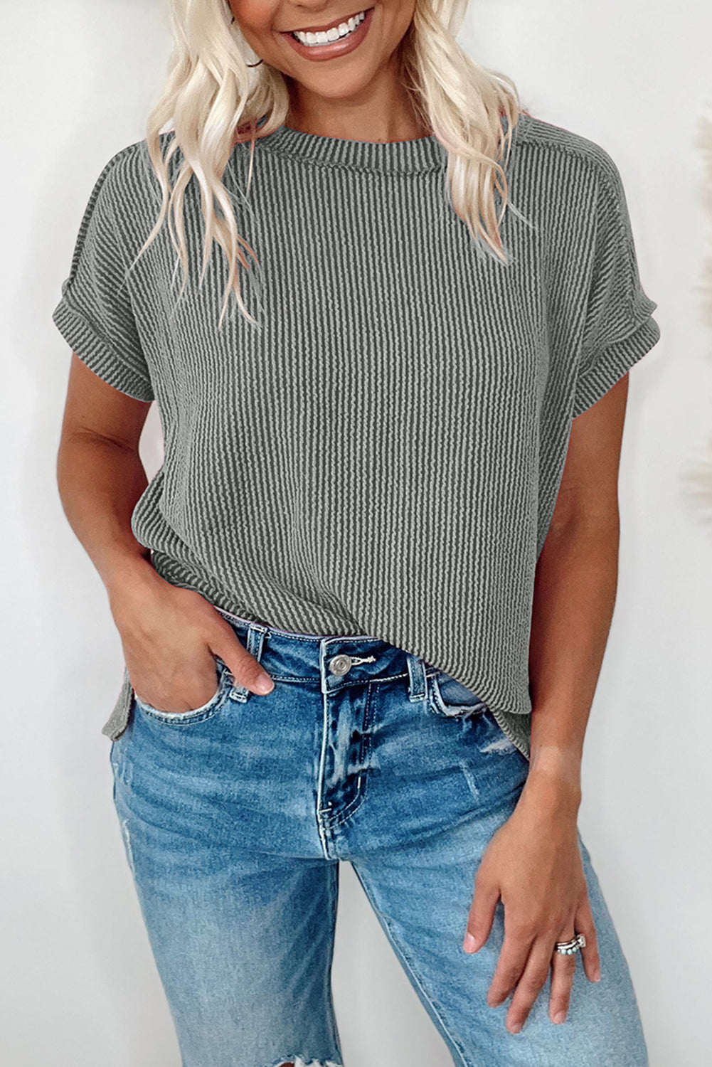 T-shirt gris moyen en tricot texturé *