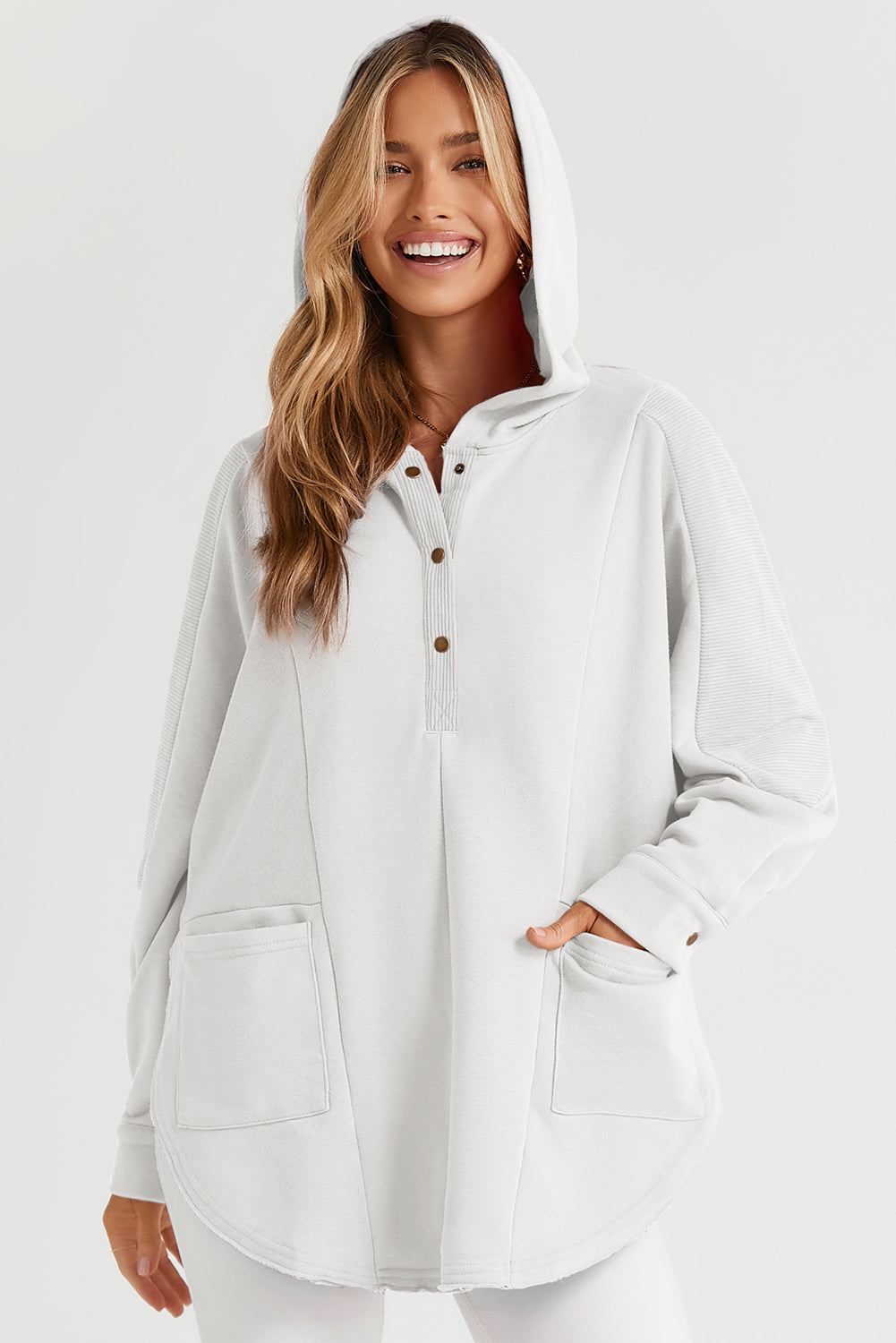 White Oversized Henley Hoodie with Side Pockets and Patchwork