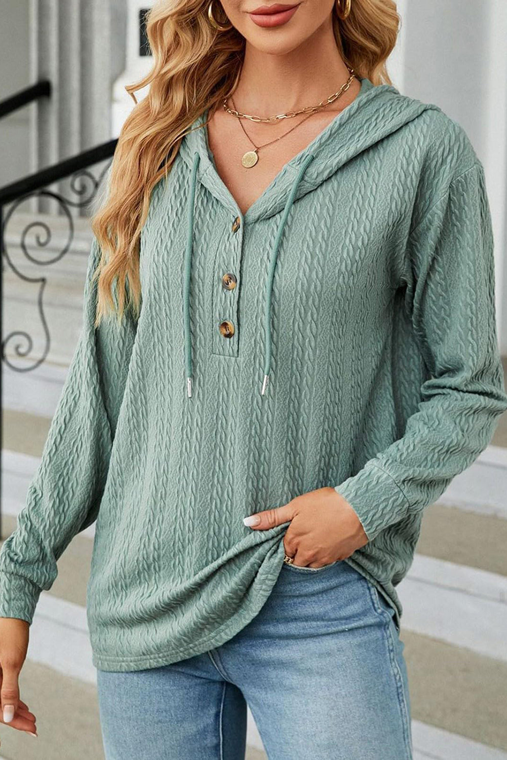 Mint Green Textured Drawstring Hooded Long Sleeve Button Front Top