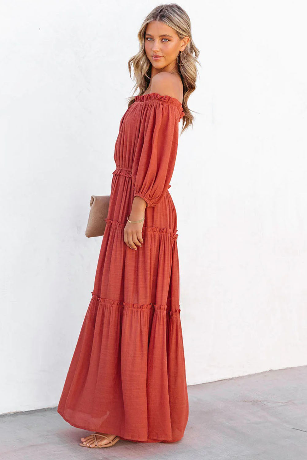 Orange Off Balloon Balloon Soueve Coupte Ruffled Maxi Robe