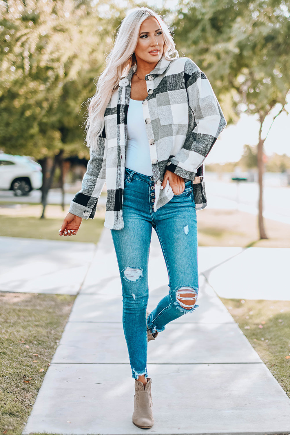 Veste à manches longues boutonnée à carreaux gris avec poche