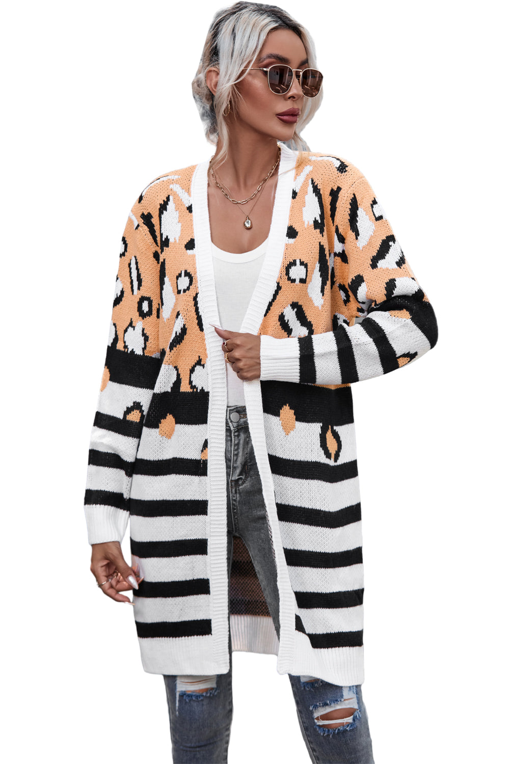 Cardigan frontale aperto a strisce leopardate marrone