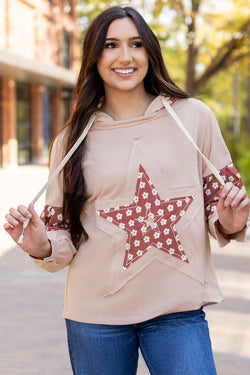 Star Pattern Drawstring Hoodie with Delicate Floral Patchwork