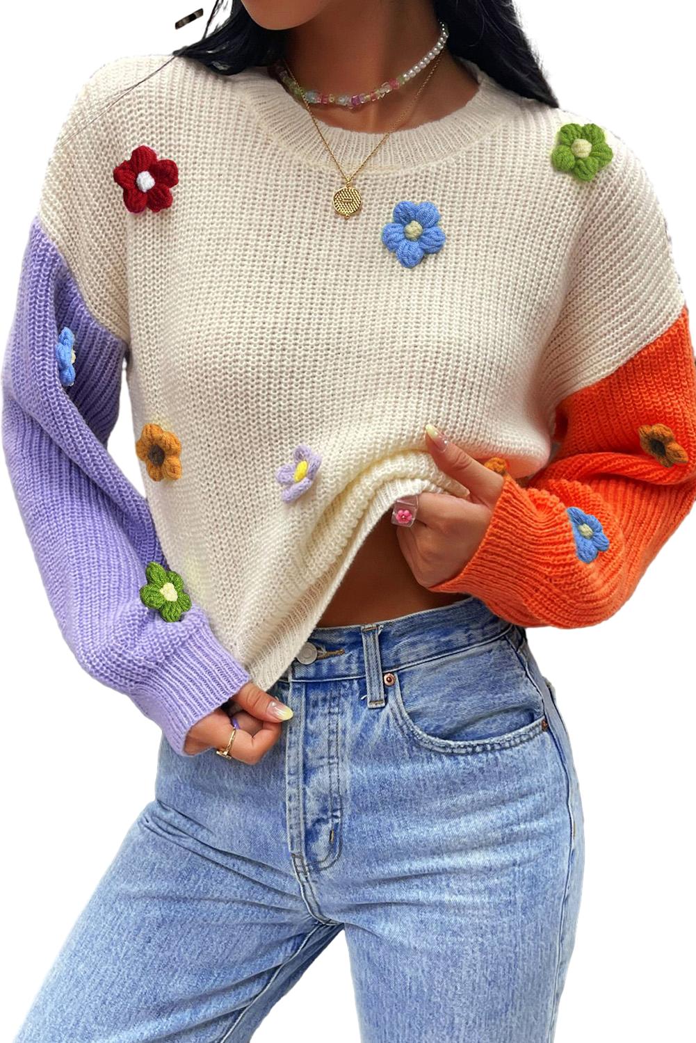 Mehrfarbige Blumenapplikationen Colorblock -Drop -Schulterpullover