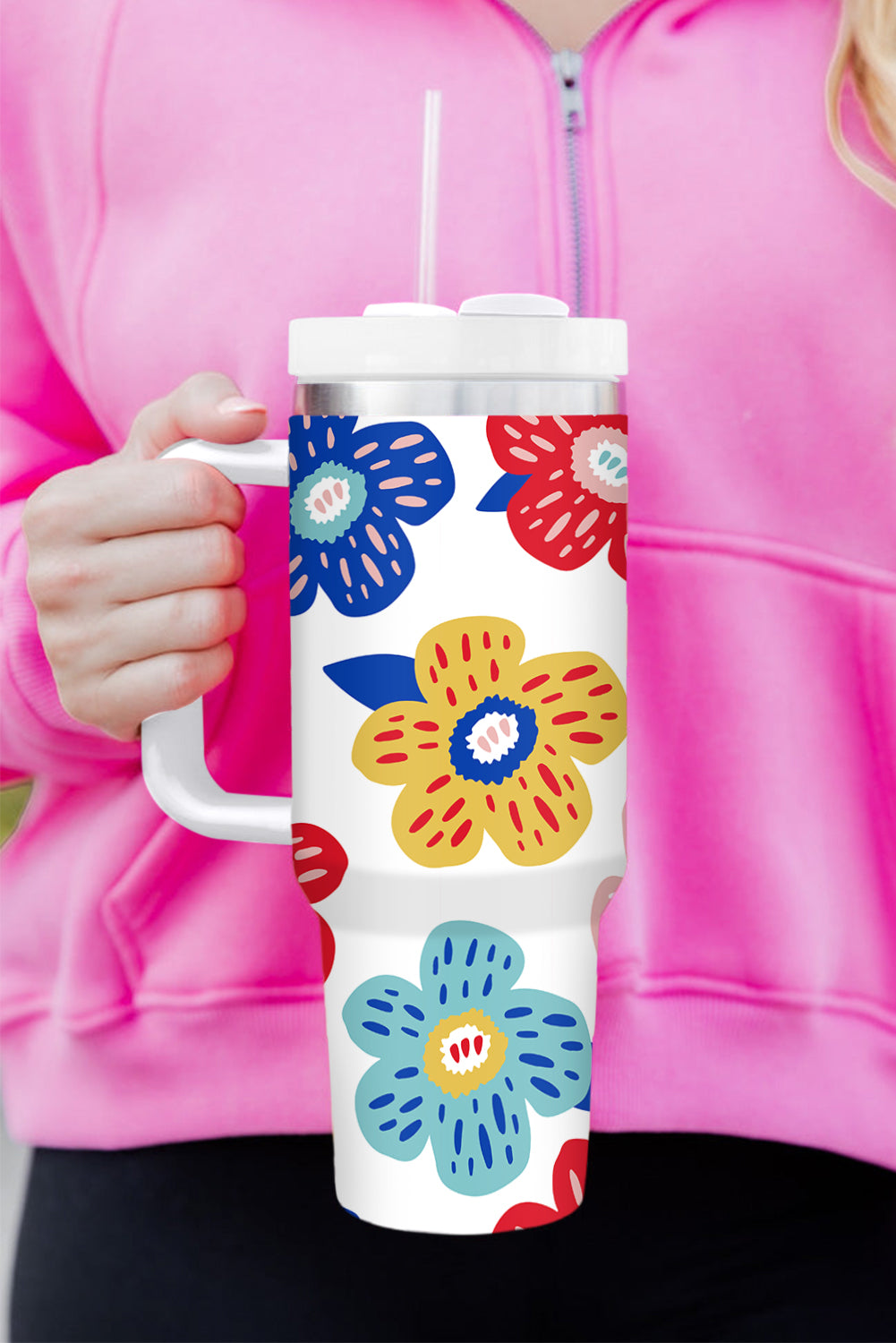 Tasse à vide en acier inoxydable à motif de fleurs blanches avec poignée 40oz