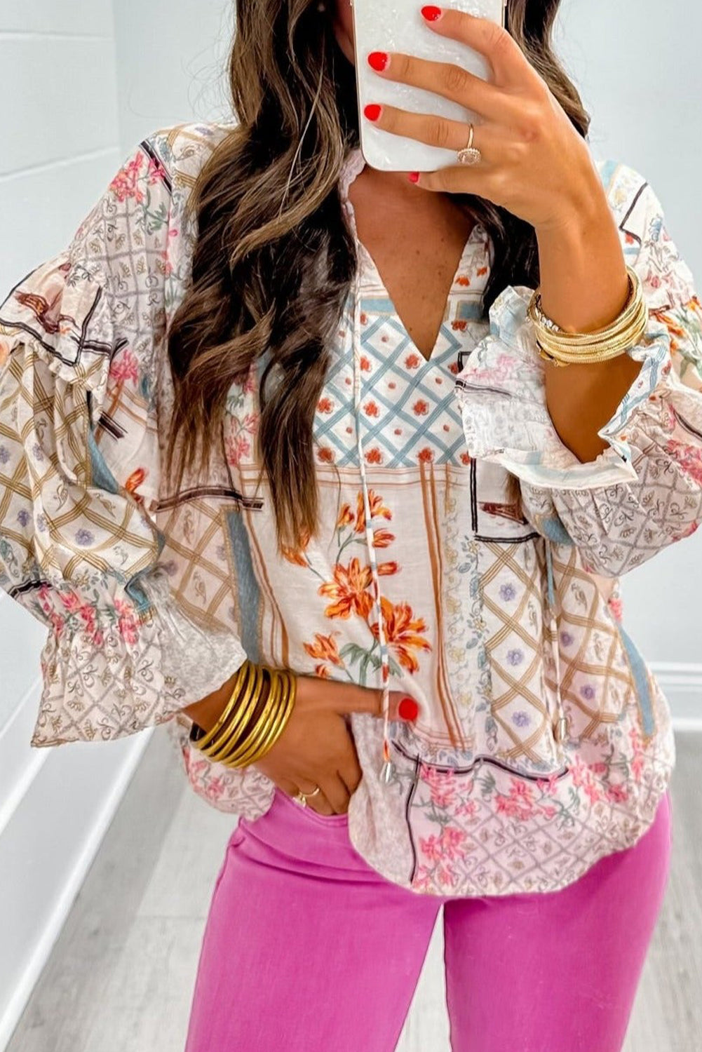 Multicolor Boho Floral Mangón con volante con volante Blusa atada al cuello