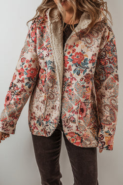 Chaqueta con capucha beige forrada en Sherpa Vintage Floral Print Paisley