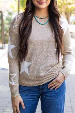 Khaki sweater with drooping shoulders and star pattern