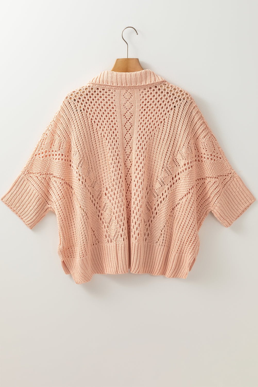 Pull à col boutonné à manches 3/4 Dolman en tricot creux rose abricot