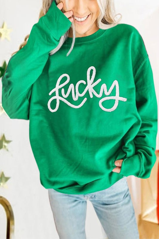 Grüner Lucky Aphabet Chenille besticktes Pullover Sweatshirt