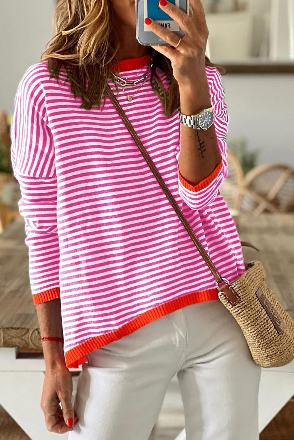 Pink drop shoulder sweater with contrasting edge stripes