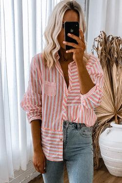 Long -sleeved and pink striped casual shirt