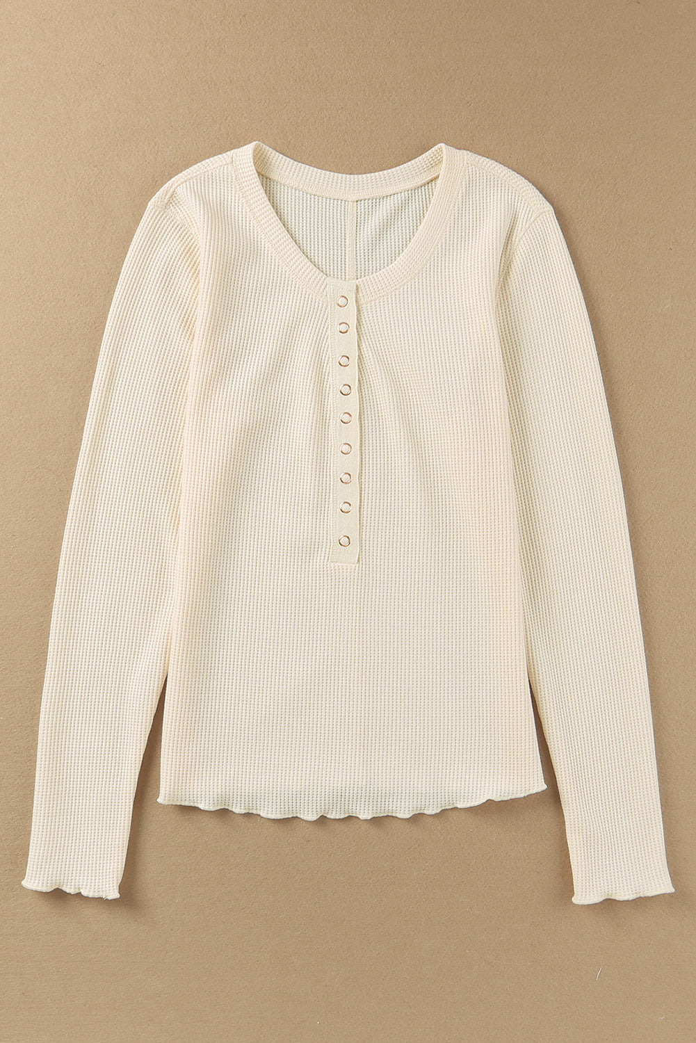 Apricot Waffle Knit Long Sleeve Buttoned Henley Top