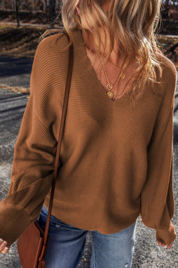 Camel Ribbed Knit Loose Sweater with Dropped Sleeves and V-Neck