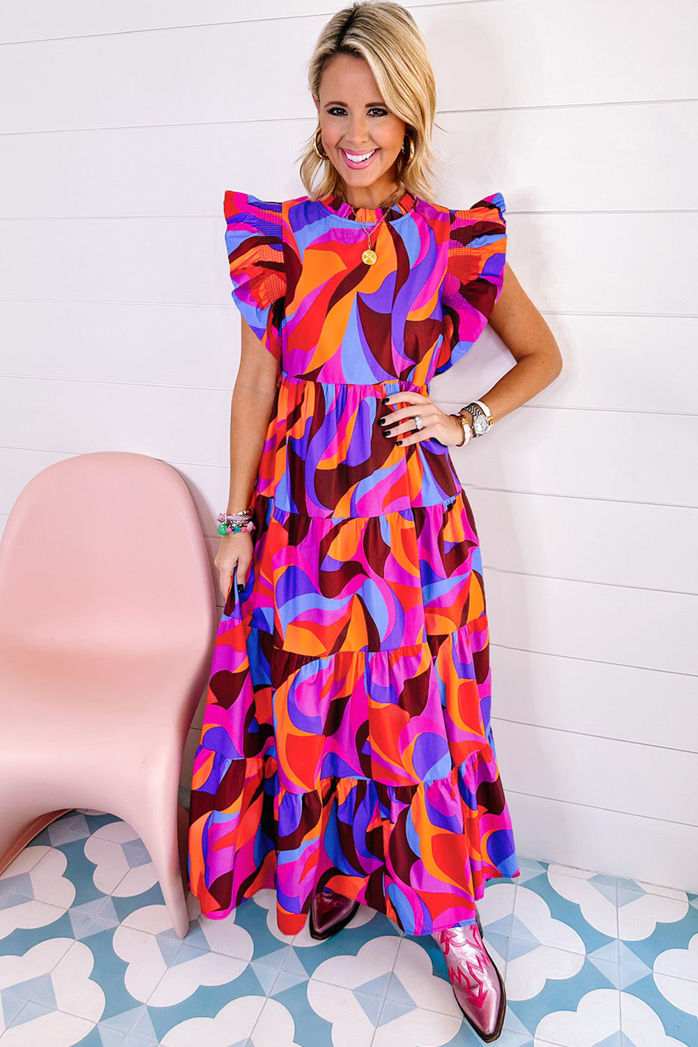Robe Longue Imprimée Abstraite à Volants *