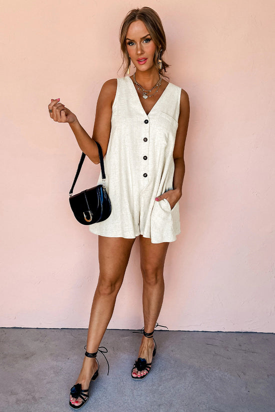 Beige Sleeveless V-Neck Romper with Buttoned Front Chest Pocket