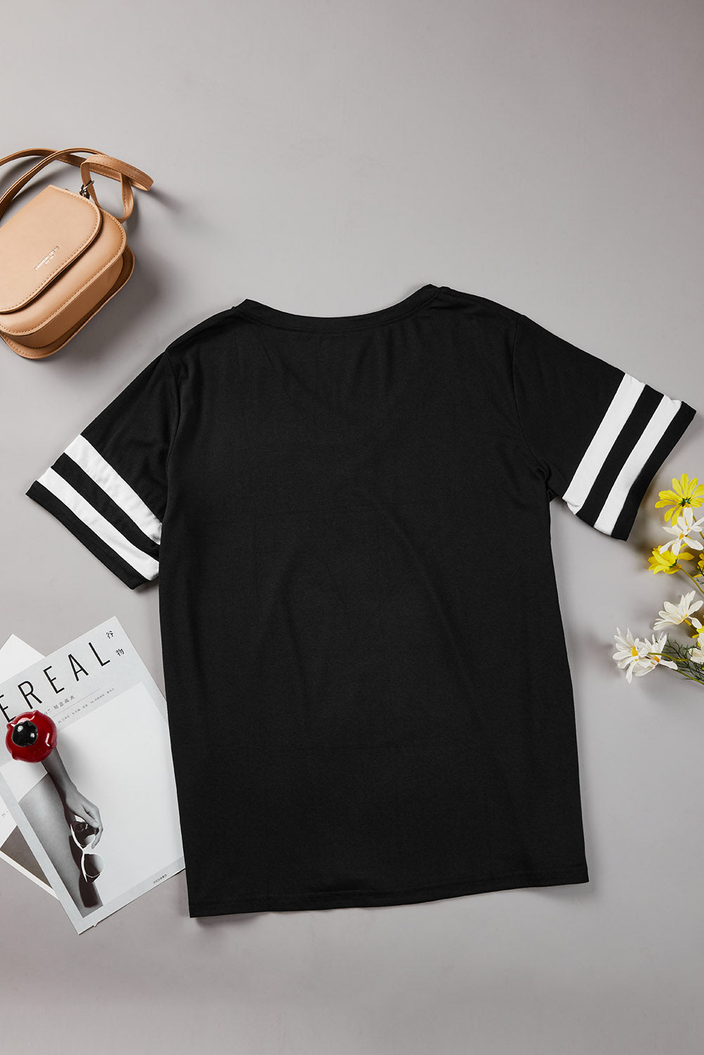 Black Plus Size Stripes Stitching Sleeve V Neck T-shirt